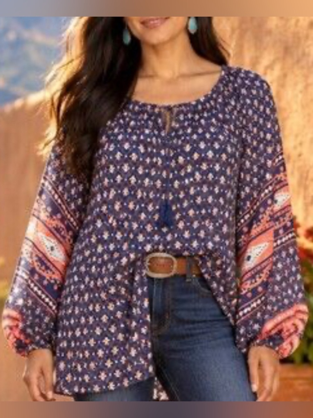Liz Claiborne Woman 1X Boho Peasant Blouse/ Tunic w/ Built In Tank Top